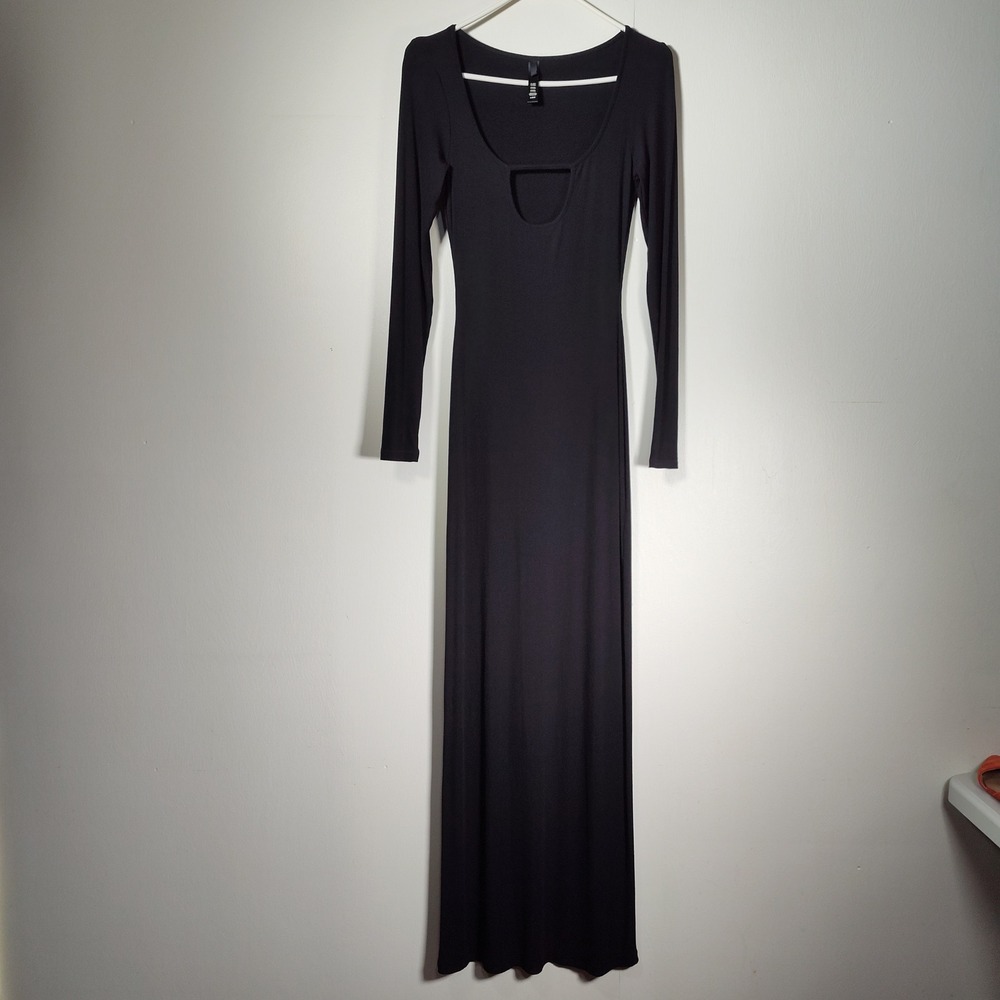 SKIMS Soft Lounge Long Sleeve Maxi Dress Onyx Black Ribbed Keyhole Cutout Large
